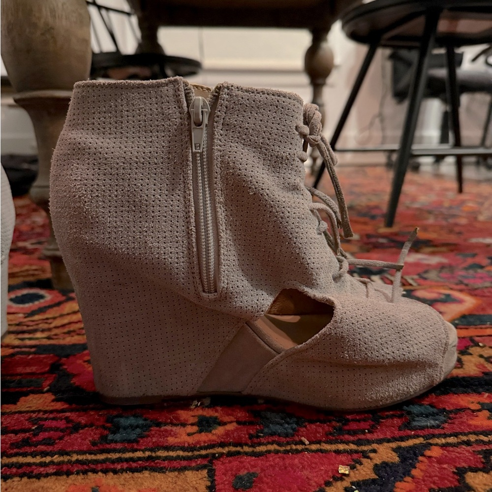 Jeffrey Campbell “Mary Roks” Wedge grey perforated suede Lace Up with side zip